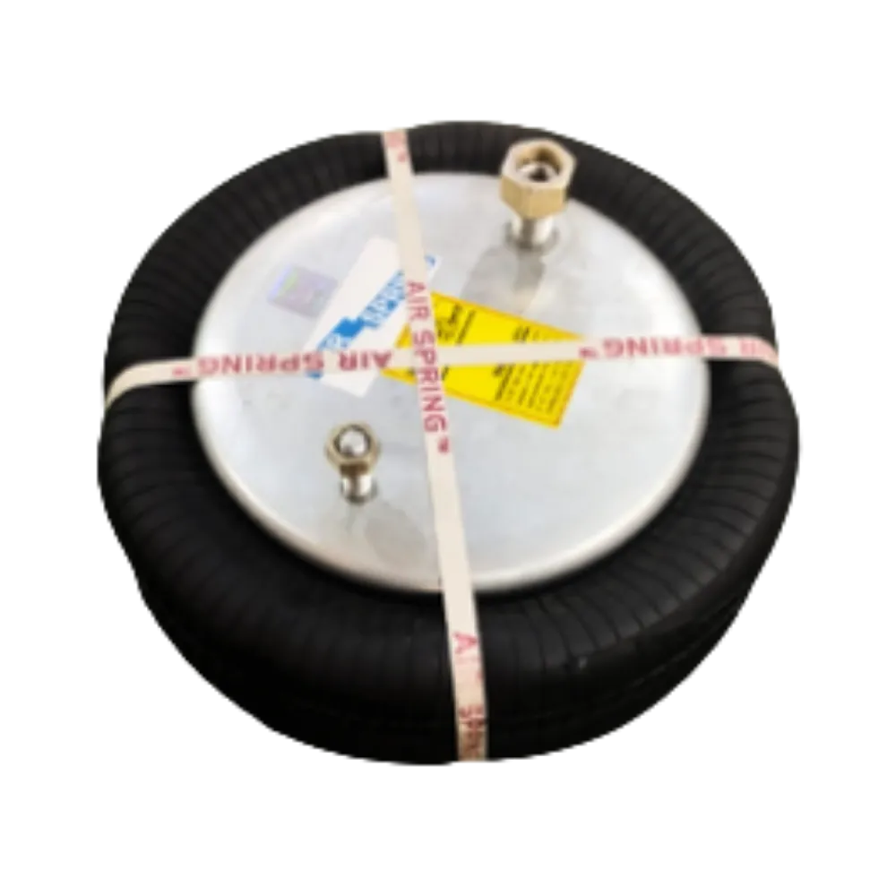 Truck air spring with metal plate and secure strap for stability